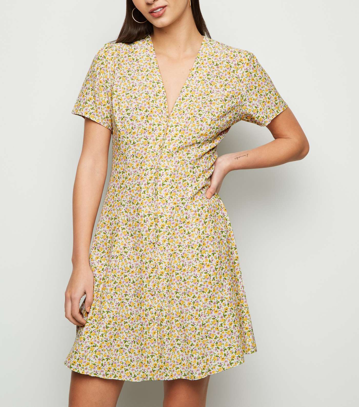 White Ditsy Floral Button Front Tea Dress Image 2
