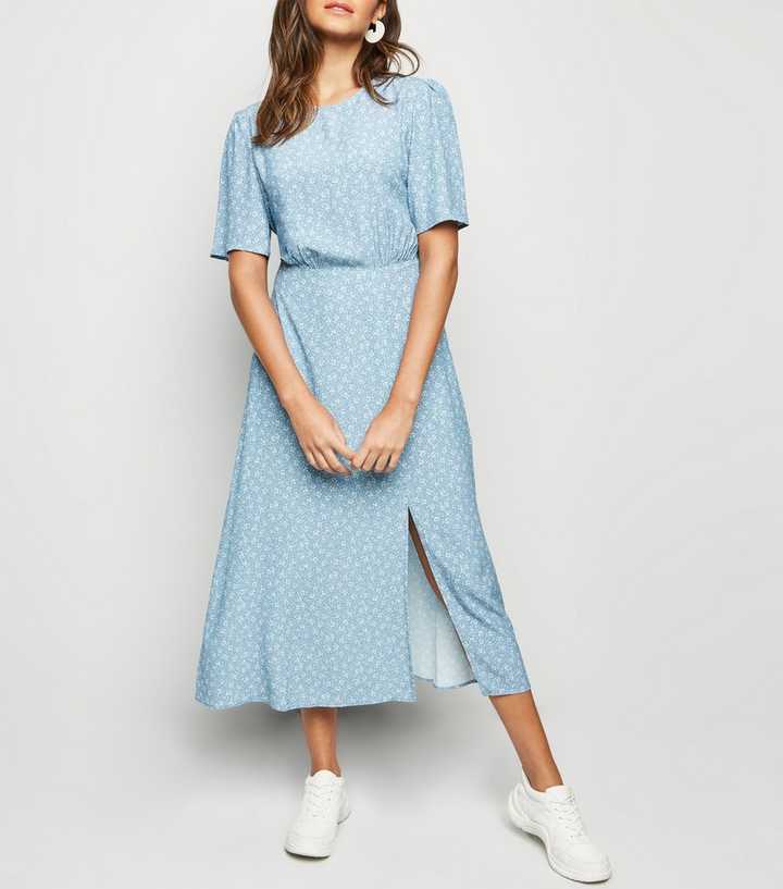 knee length dresses for ladies Blue Ditsy Floral Ruffle Midi Dress – Needs No Label main image 0