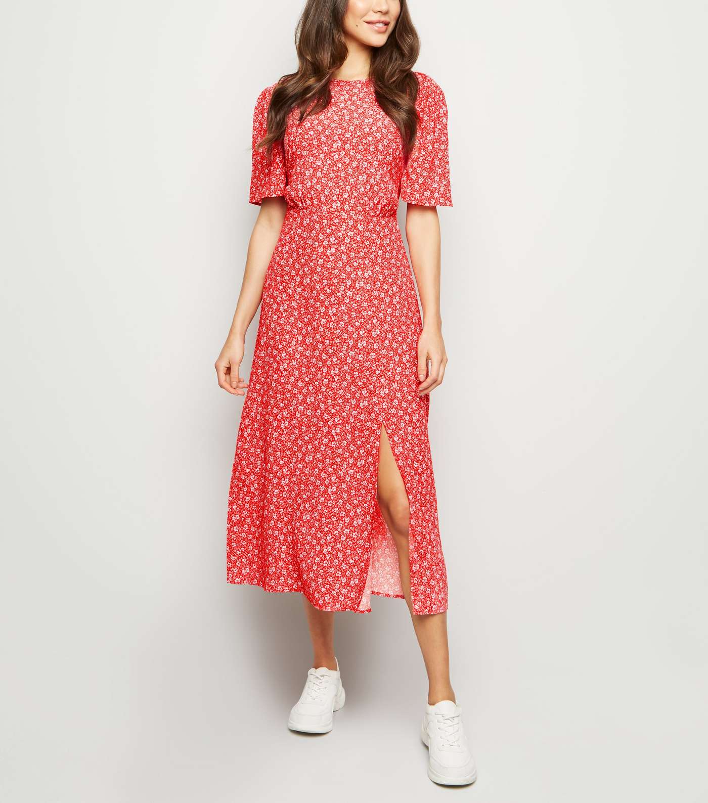 Red Ditsy Floral Short Sleeve Midi Dress