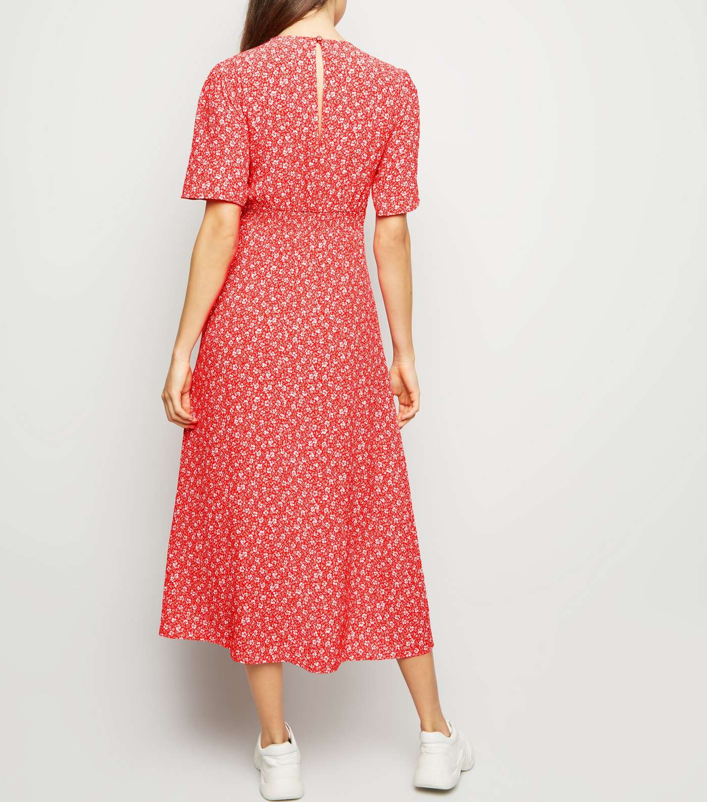 Red Ditsy Floral Short Sleeve Midi Dress Image 3