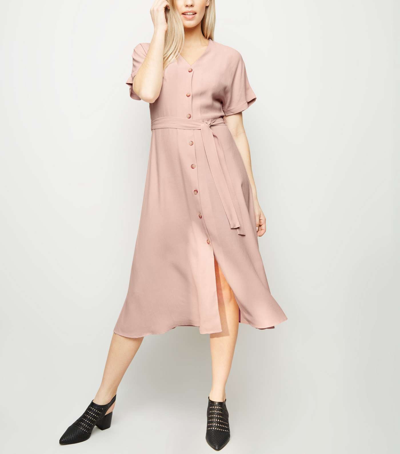Pink Button Up Tie Waist Midi Dress Image 2