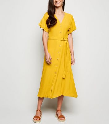 Mustard Button Up Tie Waist Midi Dress New Look