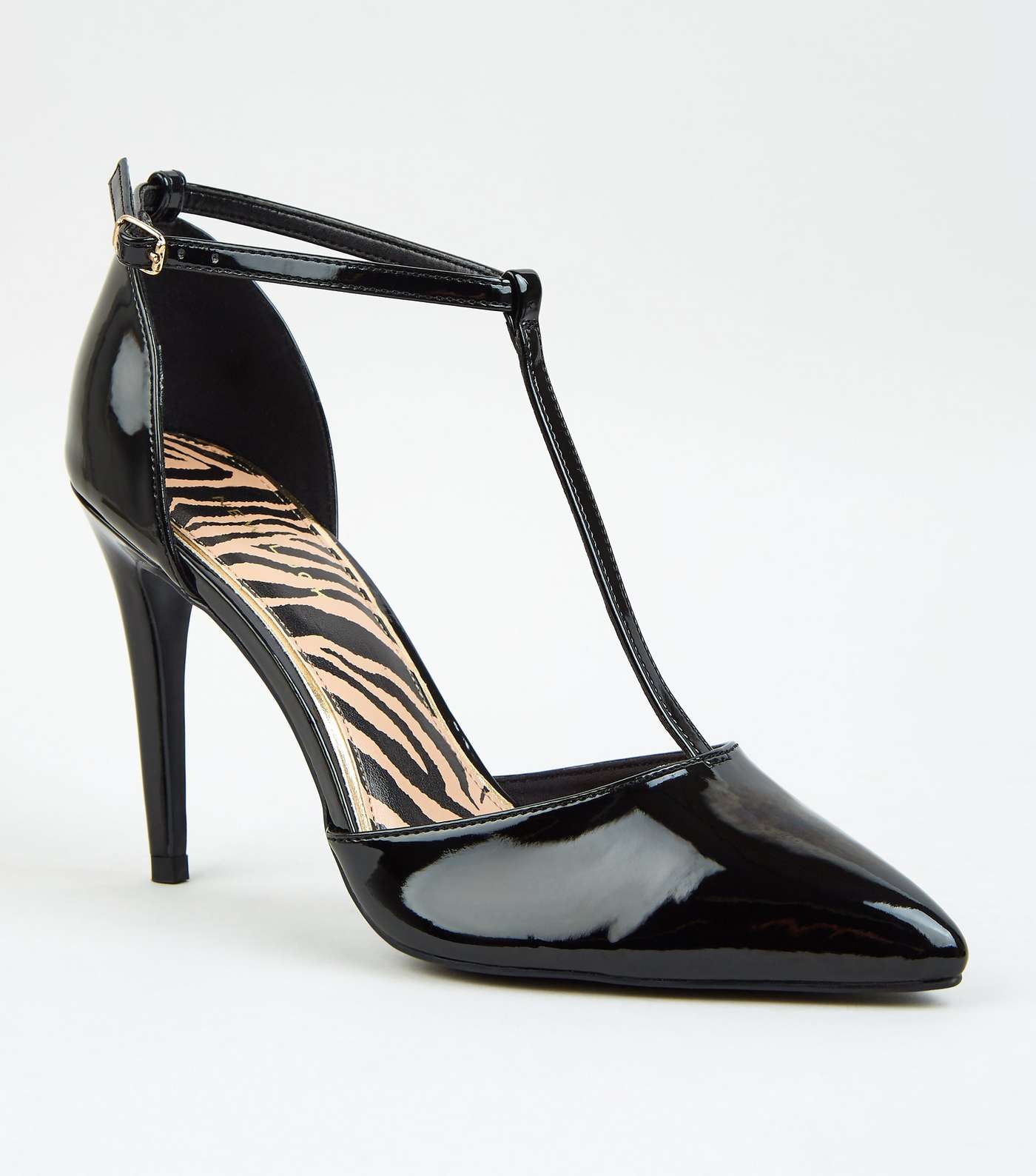 Black Patent T-Bar Pointed Court Shoes