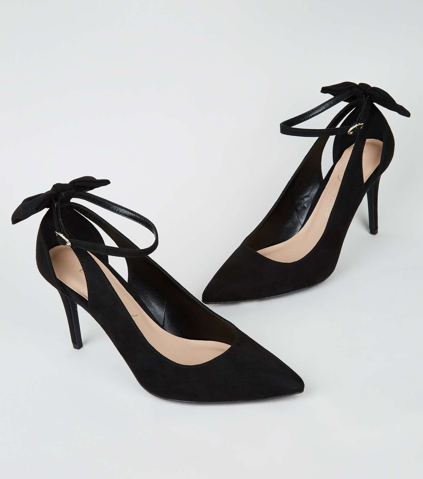 Black Suedette Bow Back Pointed Court Shoes Image 3