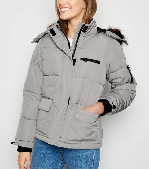 Pale Grey Faux Fur Short Puffer Jacket