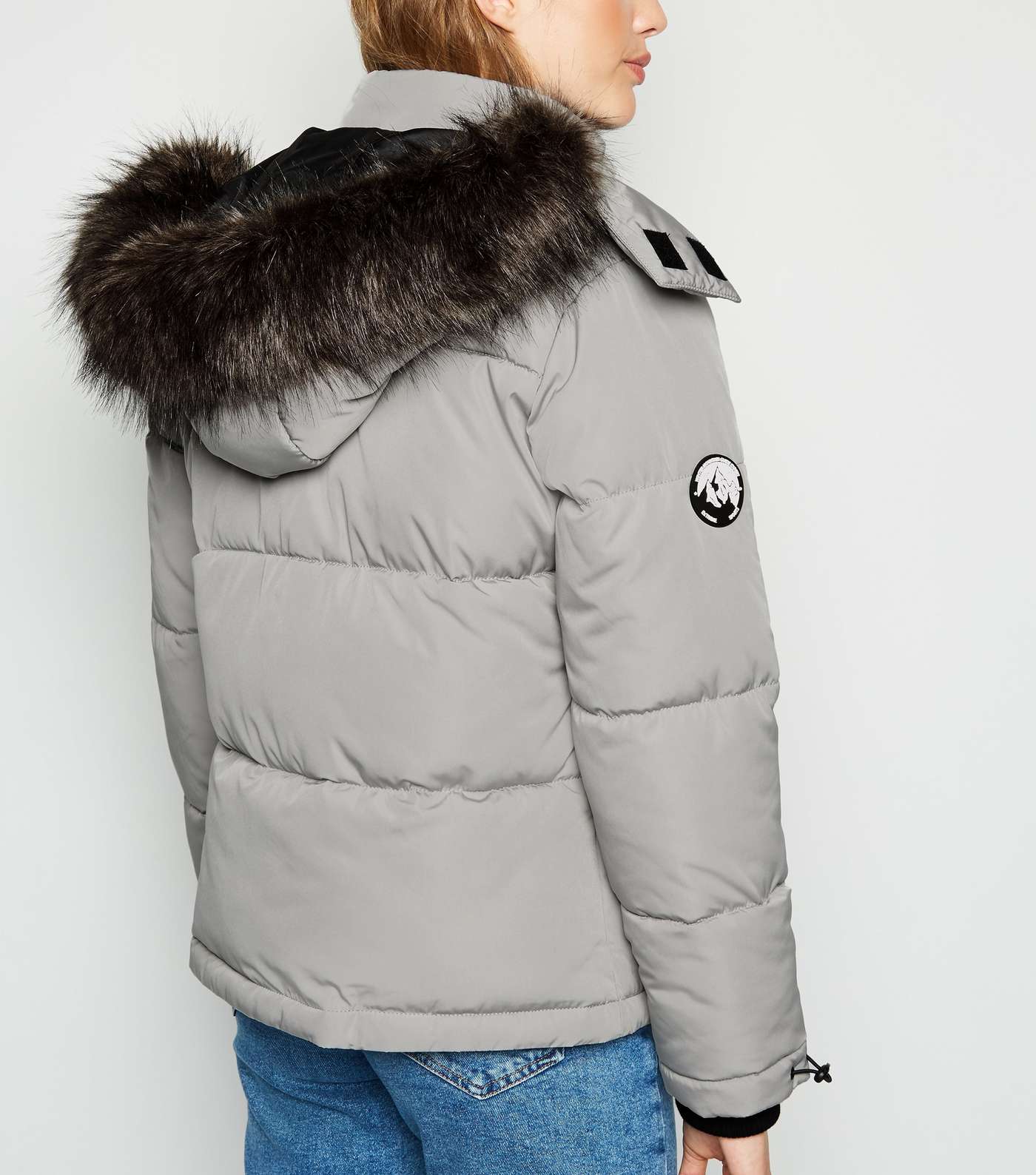 Pale Grey Faux Fur Short Puffer Jacket Image 3