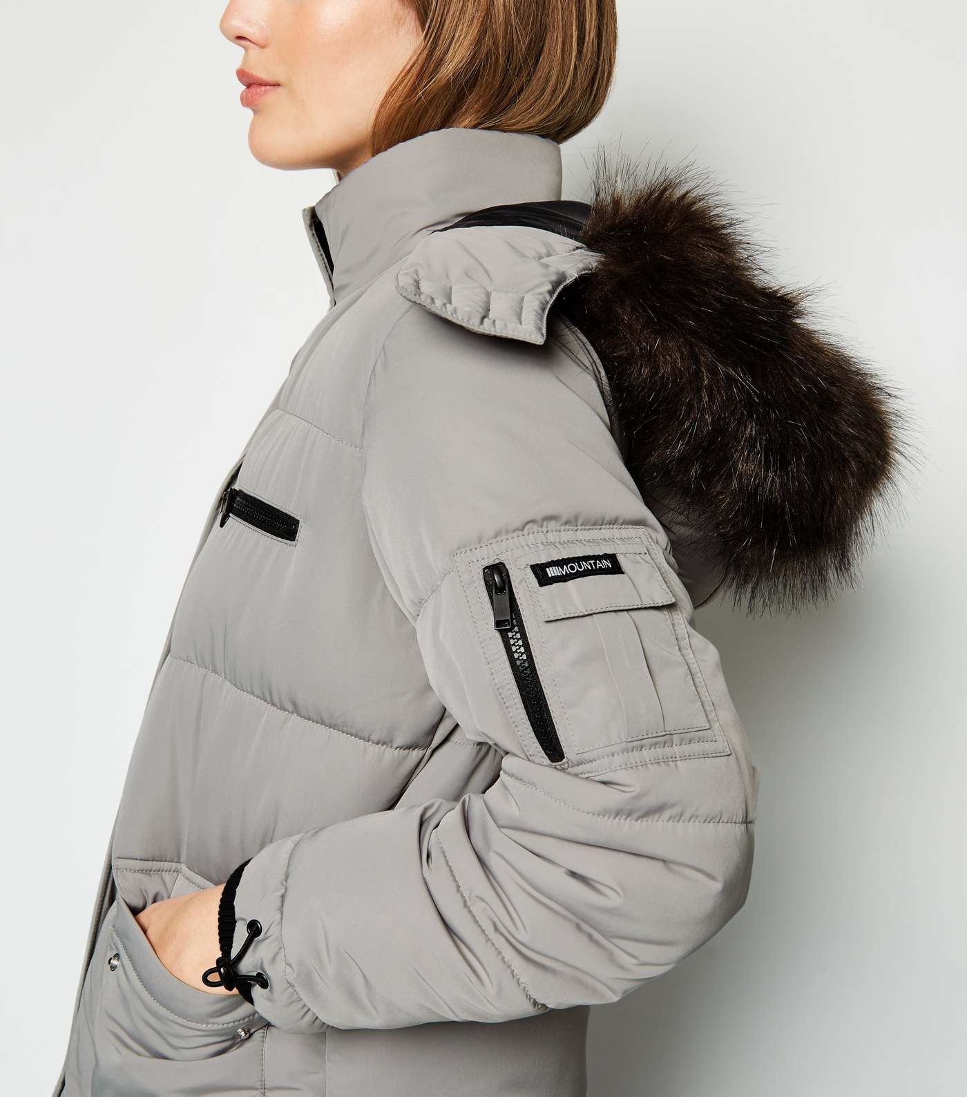Pale Grey Faux Fur Short Puffer Jacket Image 5