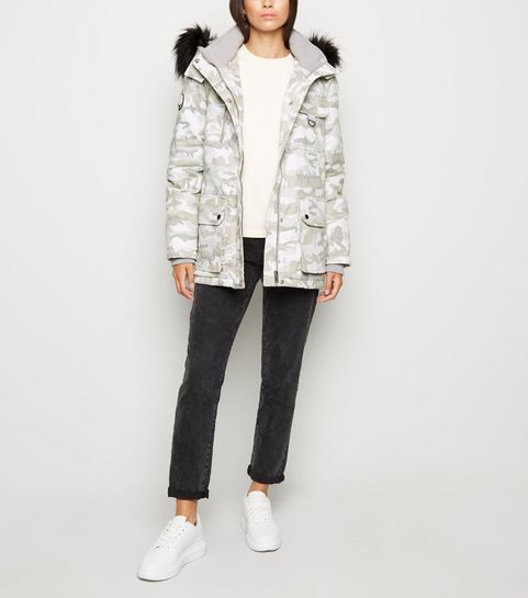 Light Grey Camo Faux Fur Trim Parka Coat