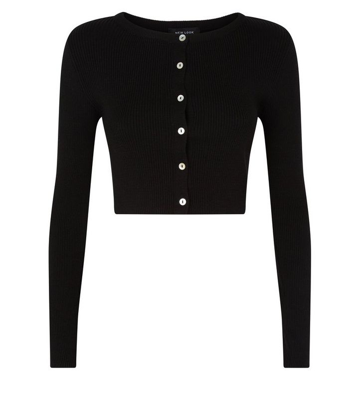 Black Shell Effect Button Crop Cardigan New Look