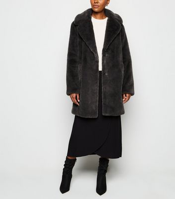 Dark Grey Faux Fur Longline Coat | New Look