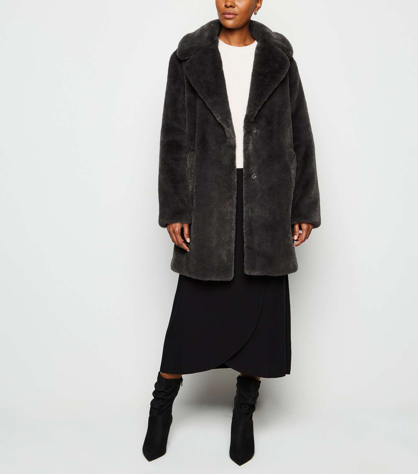 Dark Grey Faux Fur Longline Coat