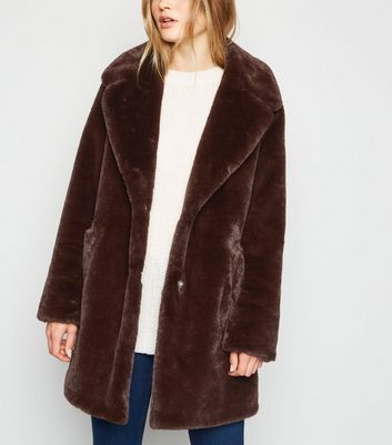 Dark Brown Faux Fur Longline Coat New, Brown Faux Fur Suede Coat Womens Uk