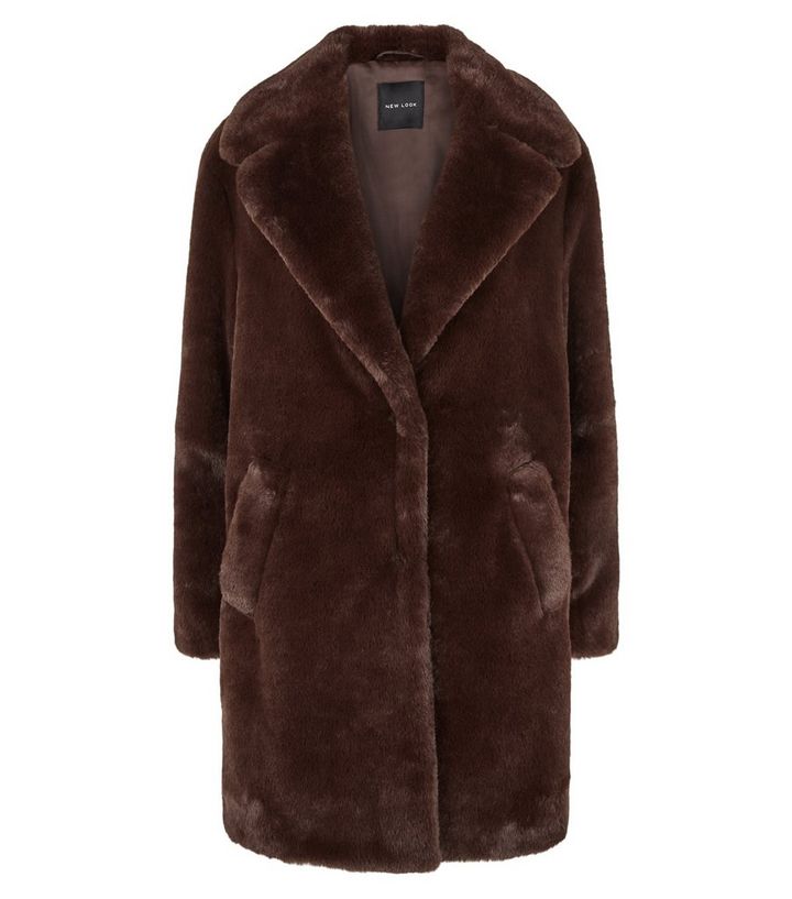 Dark Brown Faux Fur Longline Coat New, Dark Brown Faux Fur Longline Coat