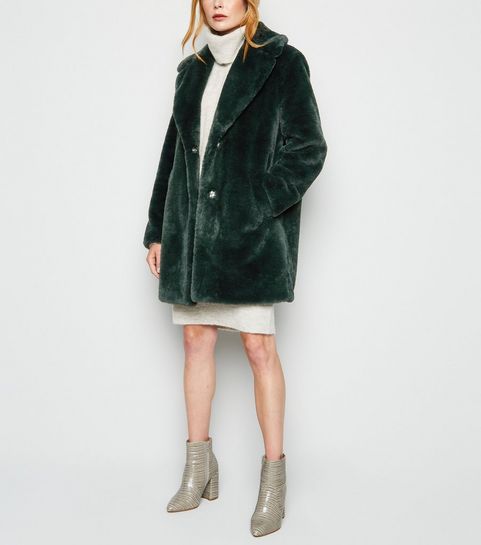 Dark Green Faux Fur Longline Coat