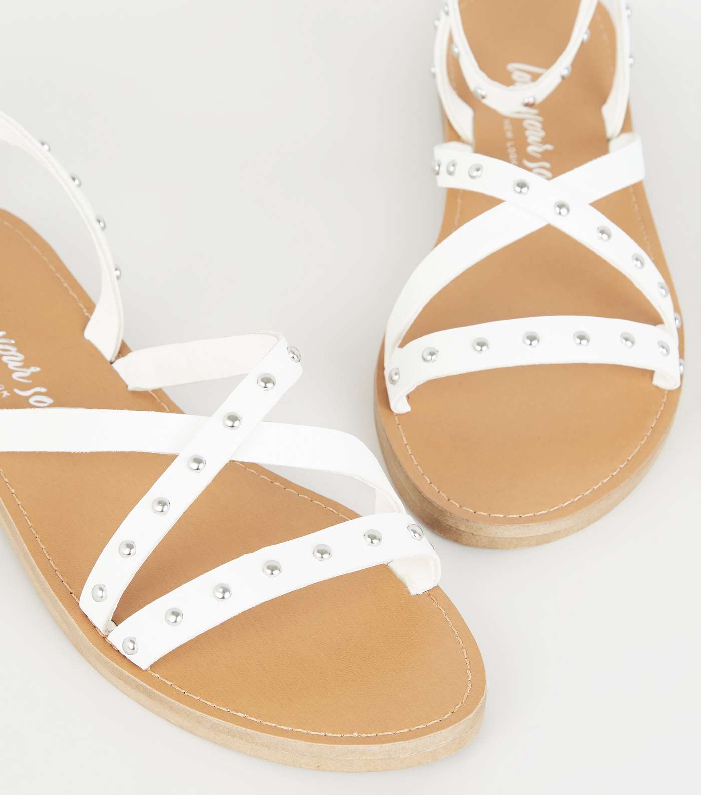 White Leather-Look Studded Gladiator Sandals Image 3