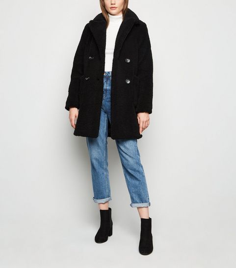 Black Double Breasted Longline Teddy Coat