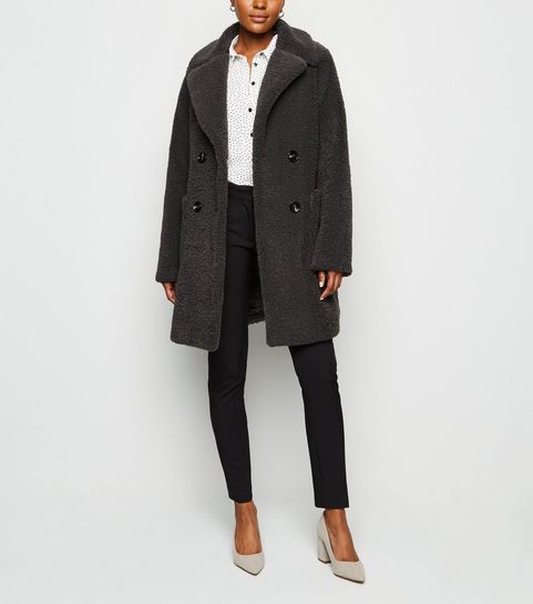 Dark Grey Double Breasted Longline Teddy Coat
