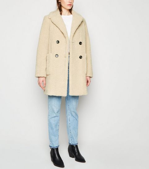 Cream Double Breasted Longline Teddy Coat