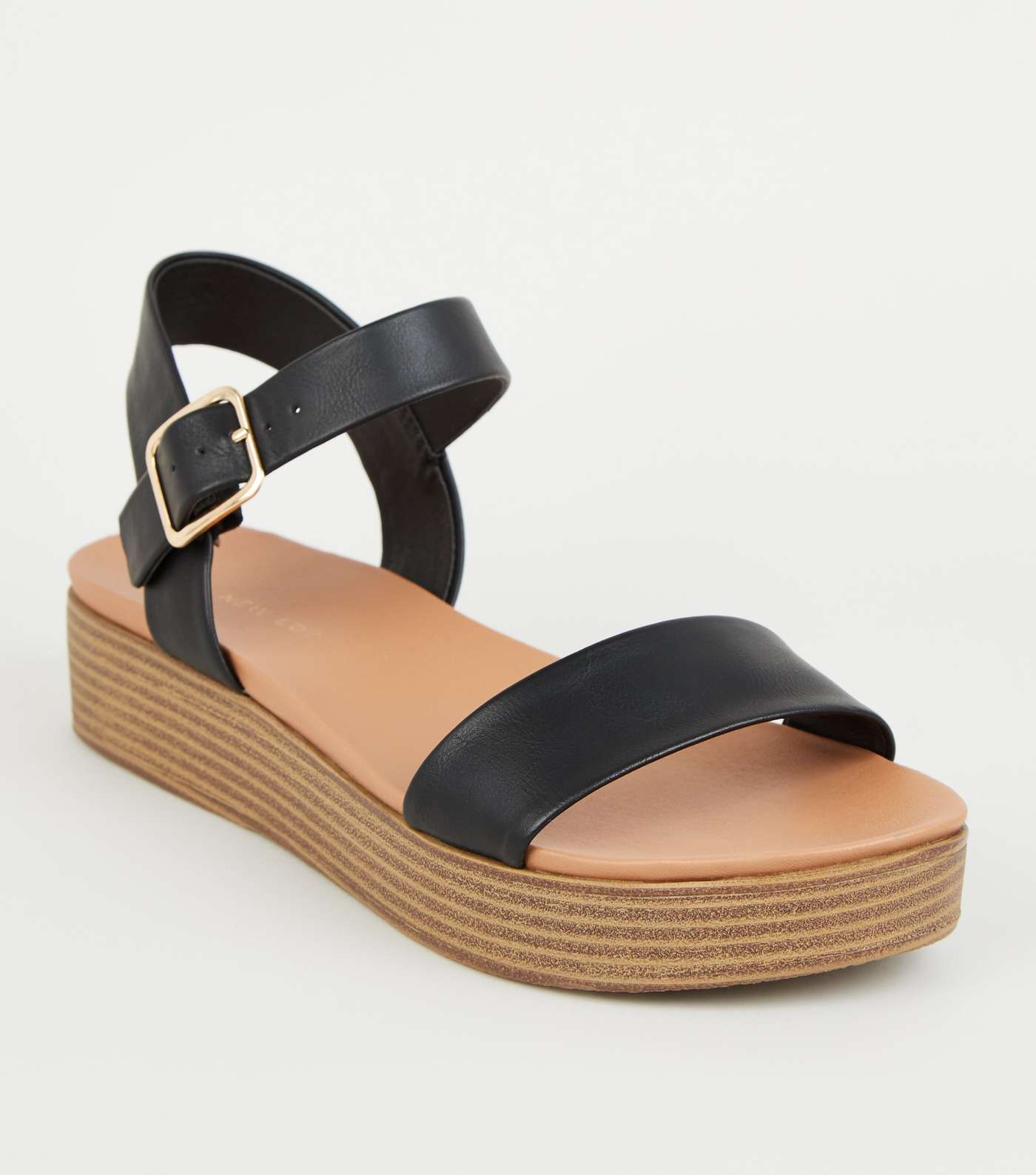 Black Leather-Look Flatform Footbed Sandals