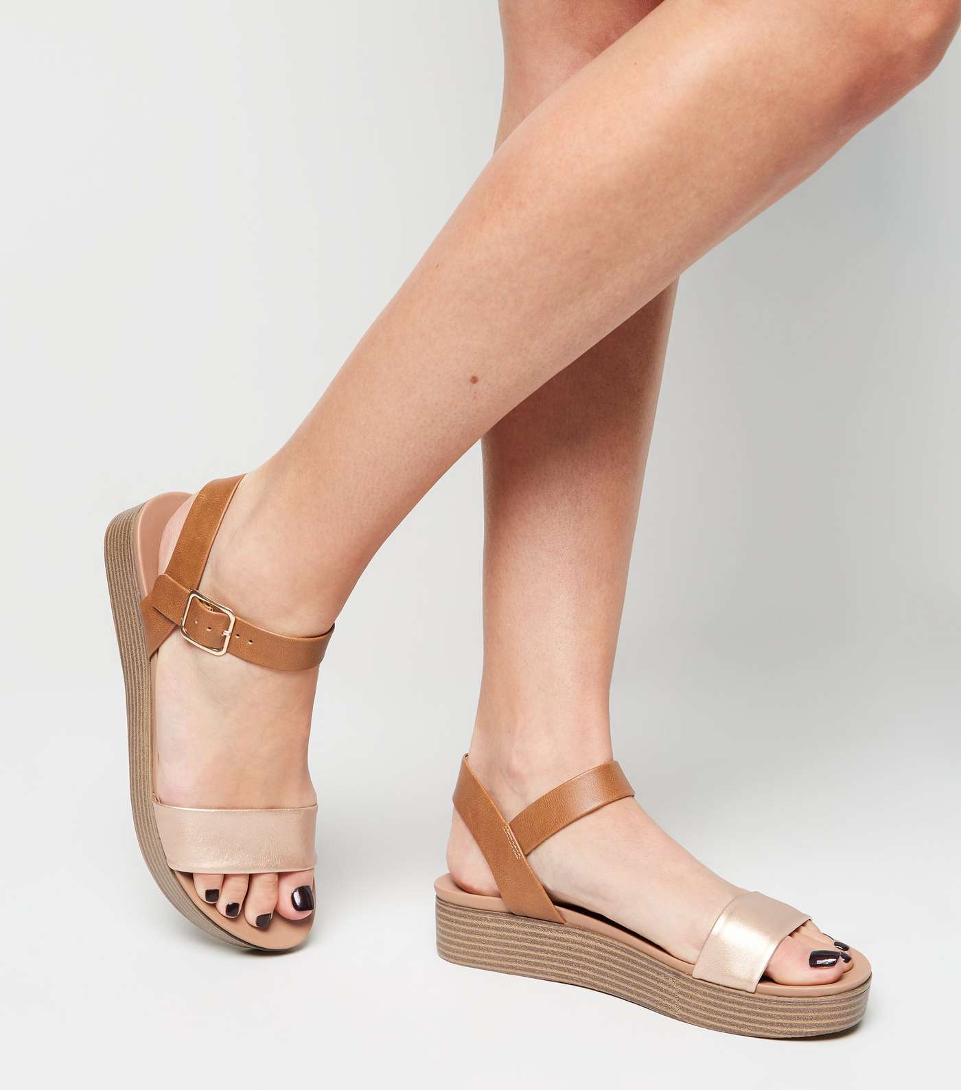 Tan Leather-Look Flatform Footbed Sandals Image 2