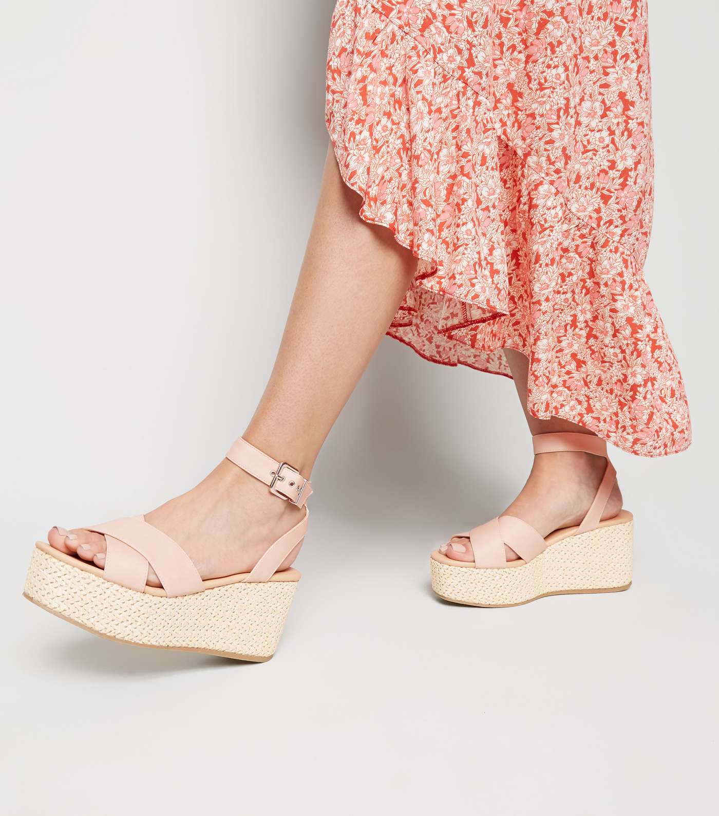 Pale Pink Cross Strap Woven Flatform Sandals Image 2
