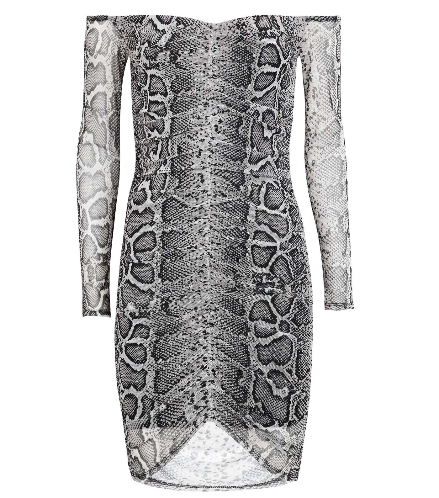 Light Grey Snake Print Mesh Ruched Front Dress  Image 4