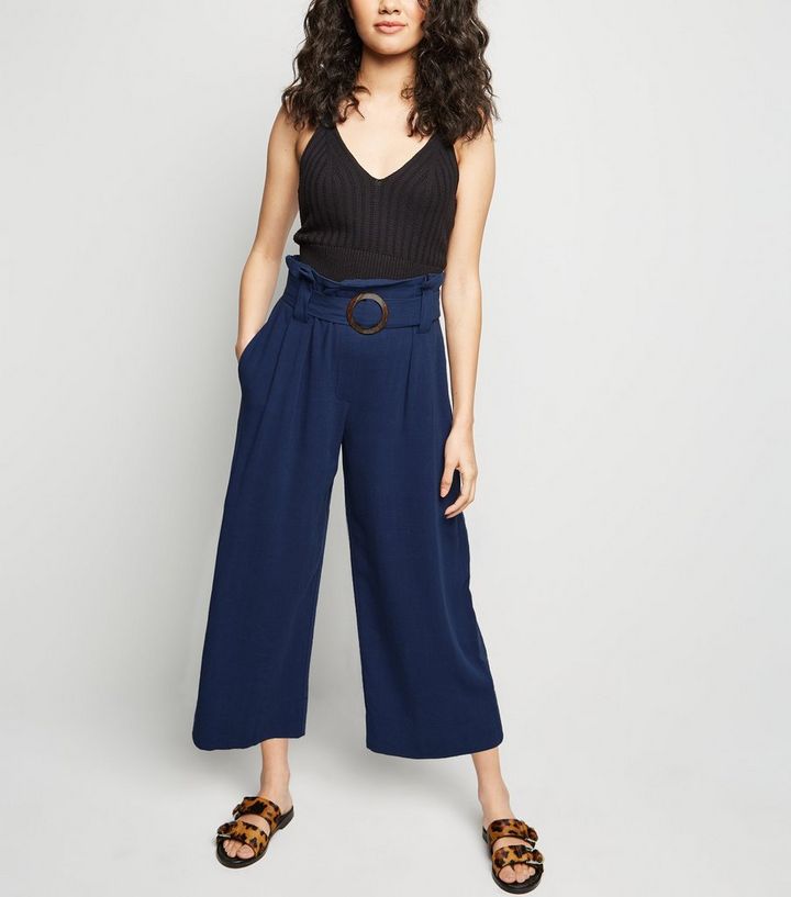 Petite Navy Linen Look Crop Trousers New Look