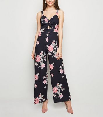 Black Floral Print Ruched Front Jumpsuit | New Look