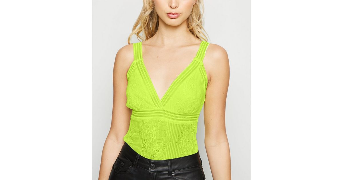 Yellow Neon Lace Strappy Bodysuit New Look 