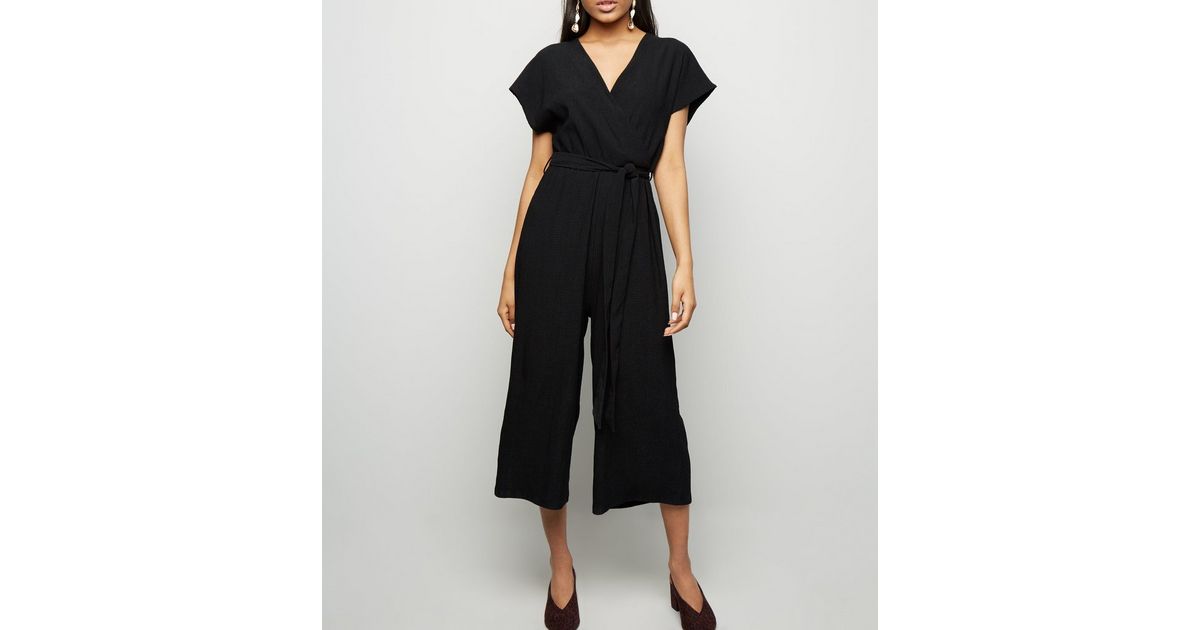 Petite Black Crinkle Wrap Jumpsuit | New Look