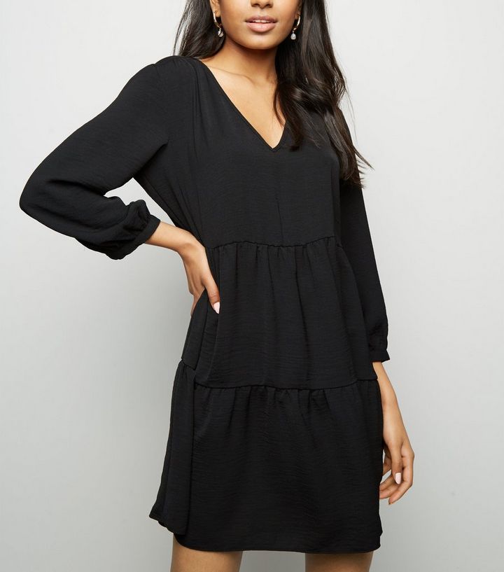 Petite Black Herringbone Smock Dress New Look