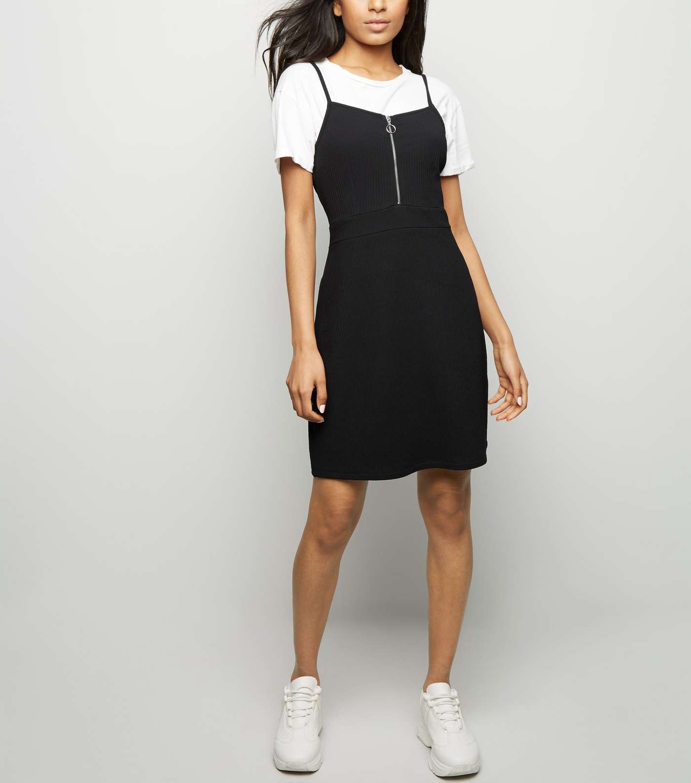 Petite Black Textured Zip Front Pinafore Dress 