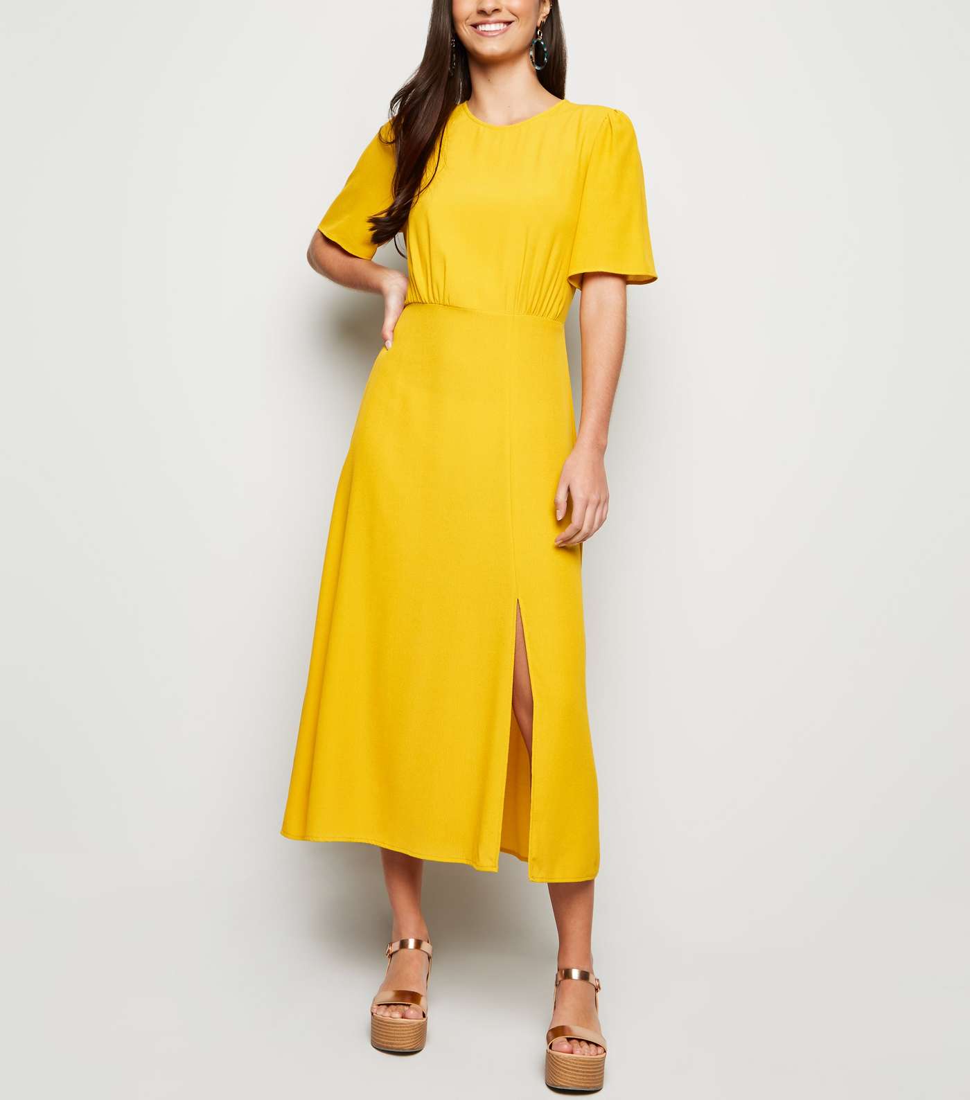 Mustard Side Split Short Sleeve Midi Dress