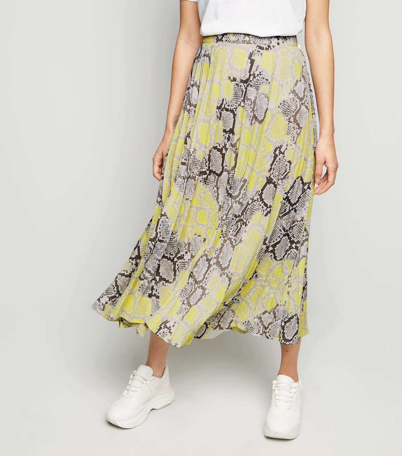 Petite Yellow Neon Snake Print Pleated Midi Skirt  Image 2
