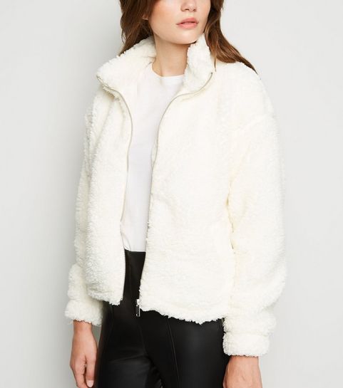 Off White High Neck Teddy Jacket 