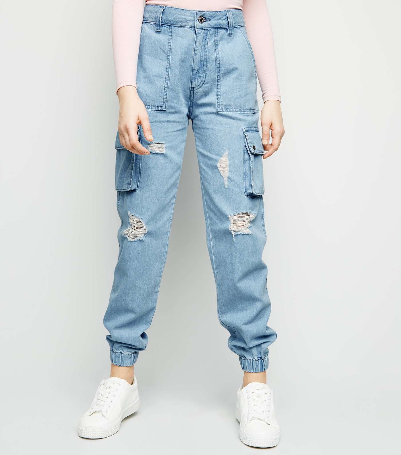 Girls Pale Blue Ripped Denim Utility Trousers  Image 2
