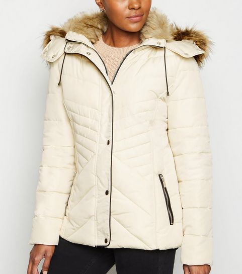 Stone Faux Fur Trim Fitted Puffer Jacket