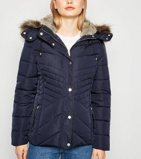Navy Faux Fur Trim Fitted Puffer Jacket
