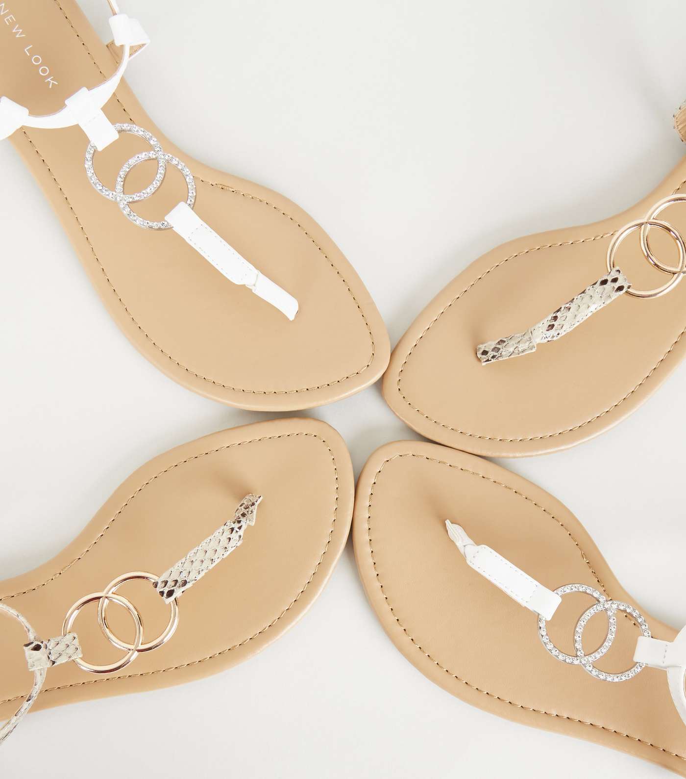 White Leather-Look Diamanté Ring Flat Sandals Image 4