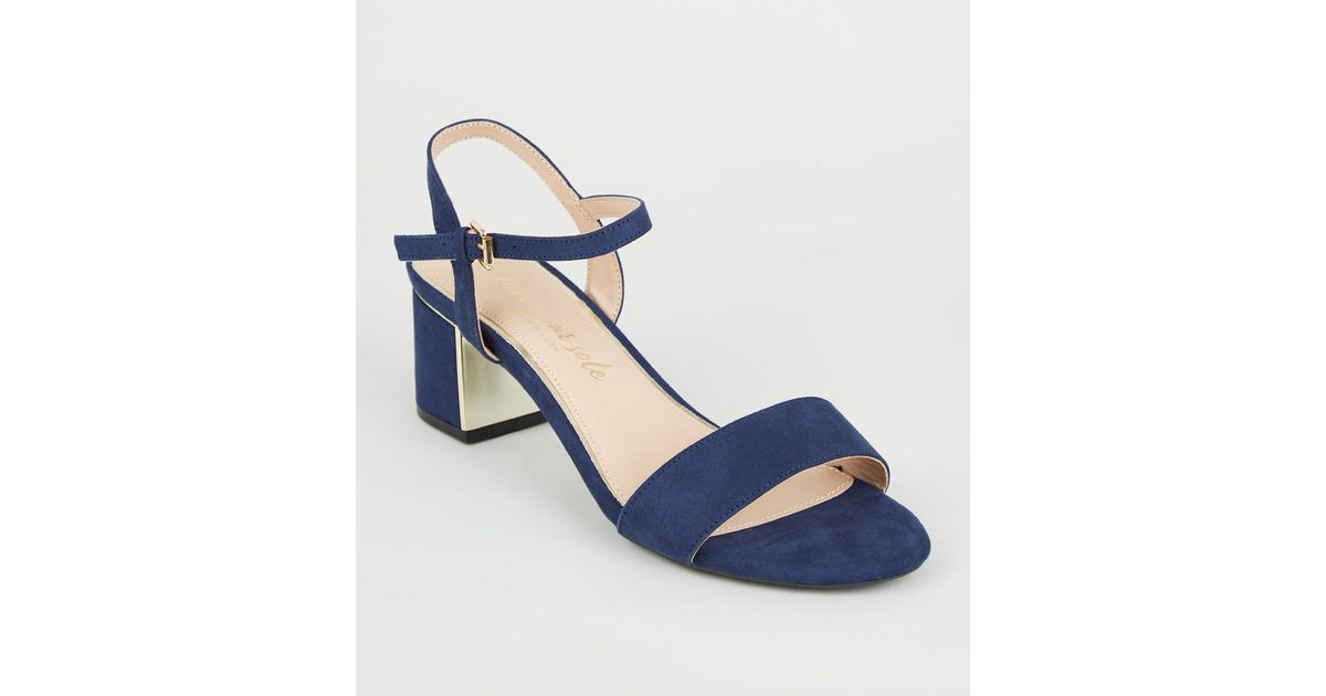 Wide Fit Navy Metal Trim Mid Block Heels | New Look