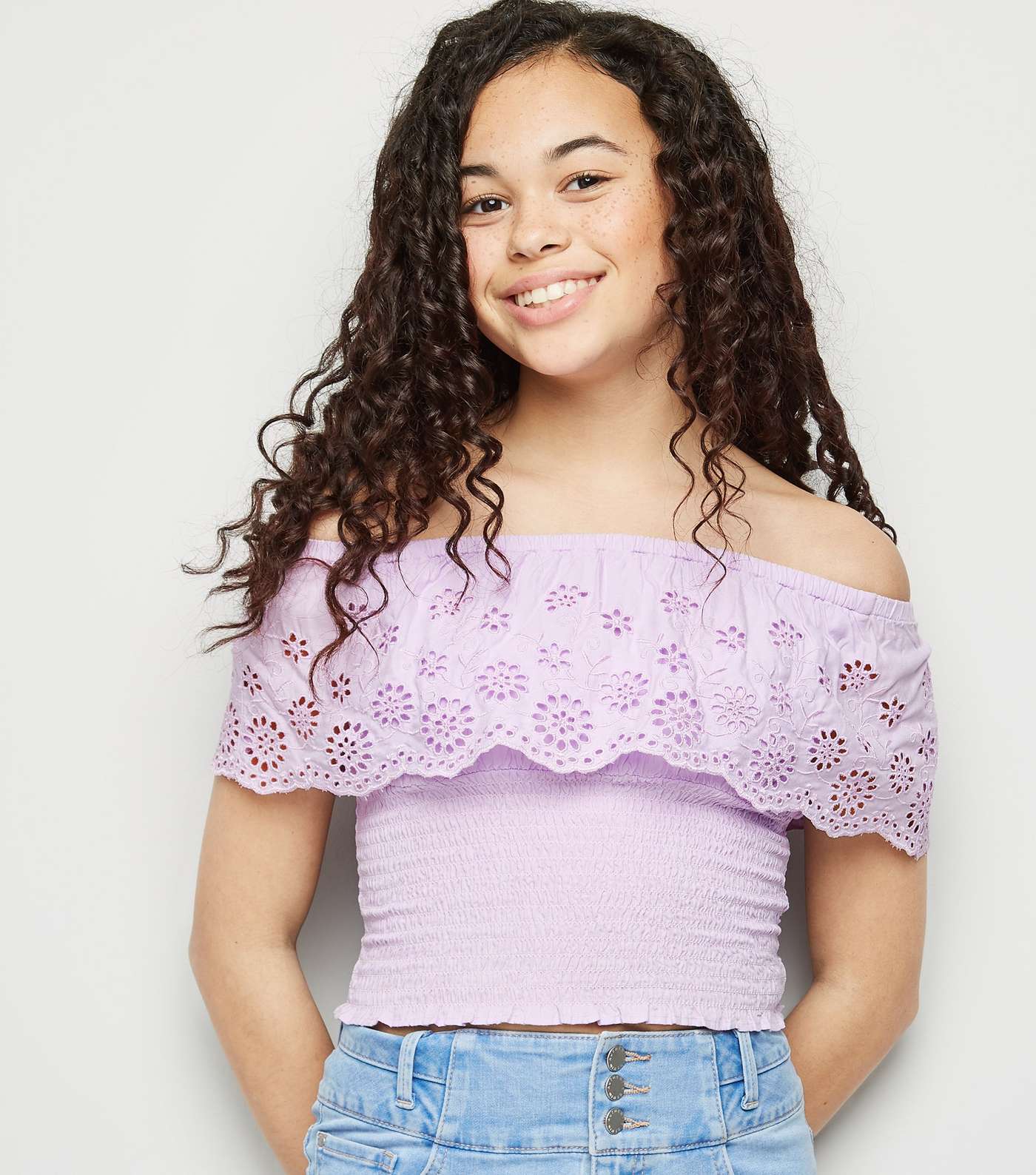 Girls Lilac Broderie Bardot Top Image 2