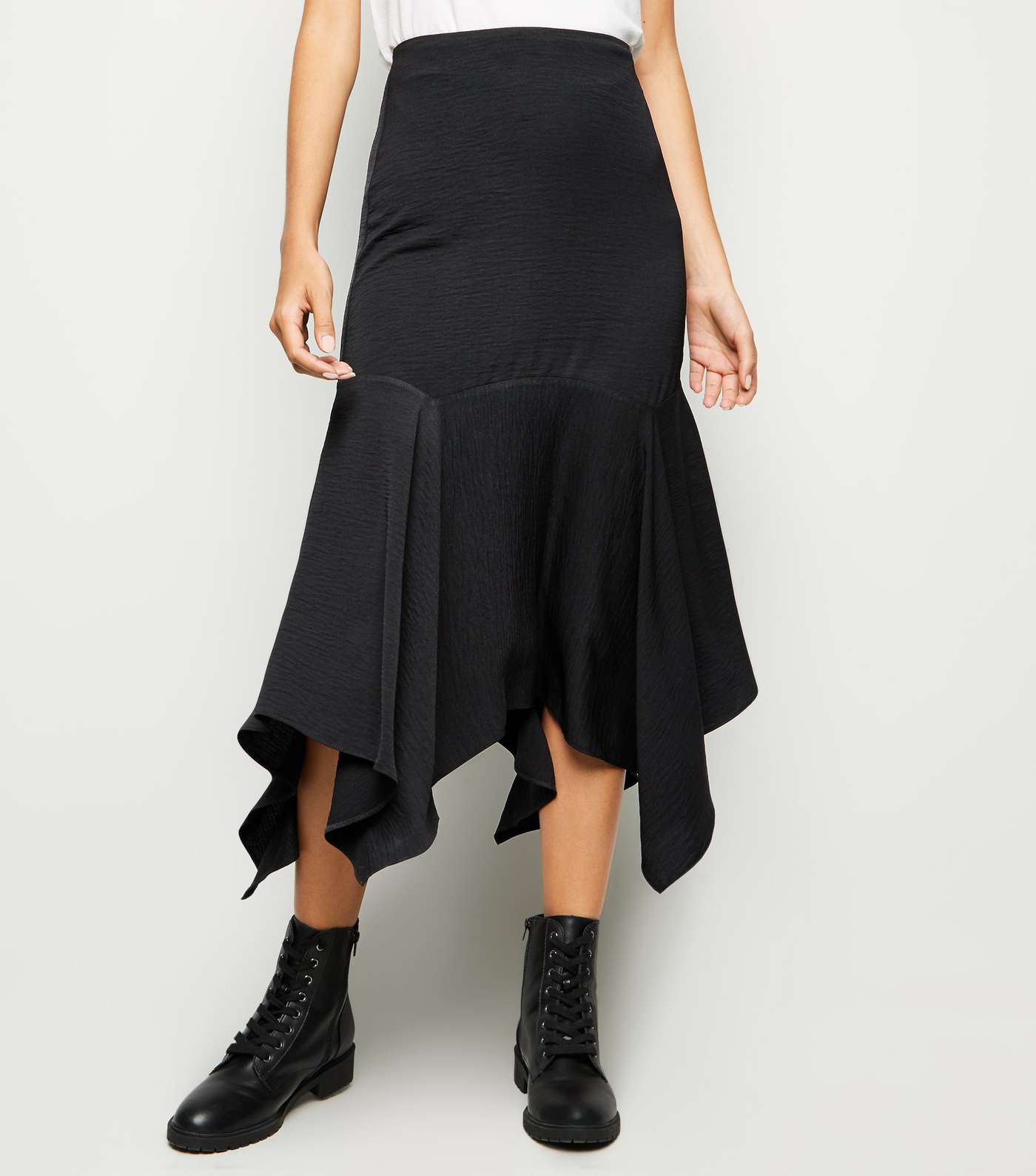 Black Satin Hanky Hem Midi Skirt Image 2