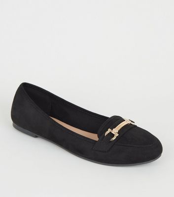 black suedette metal bar front loafers