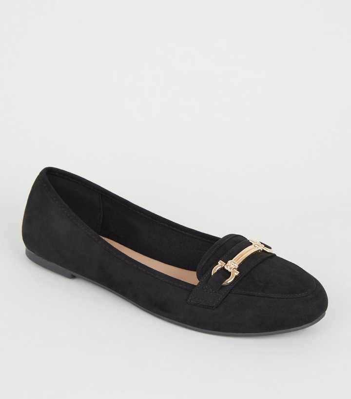 Black Suedette Metal Bar Front Loafers