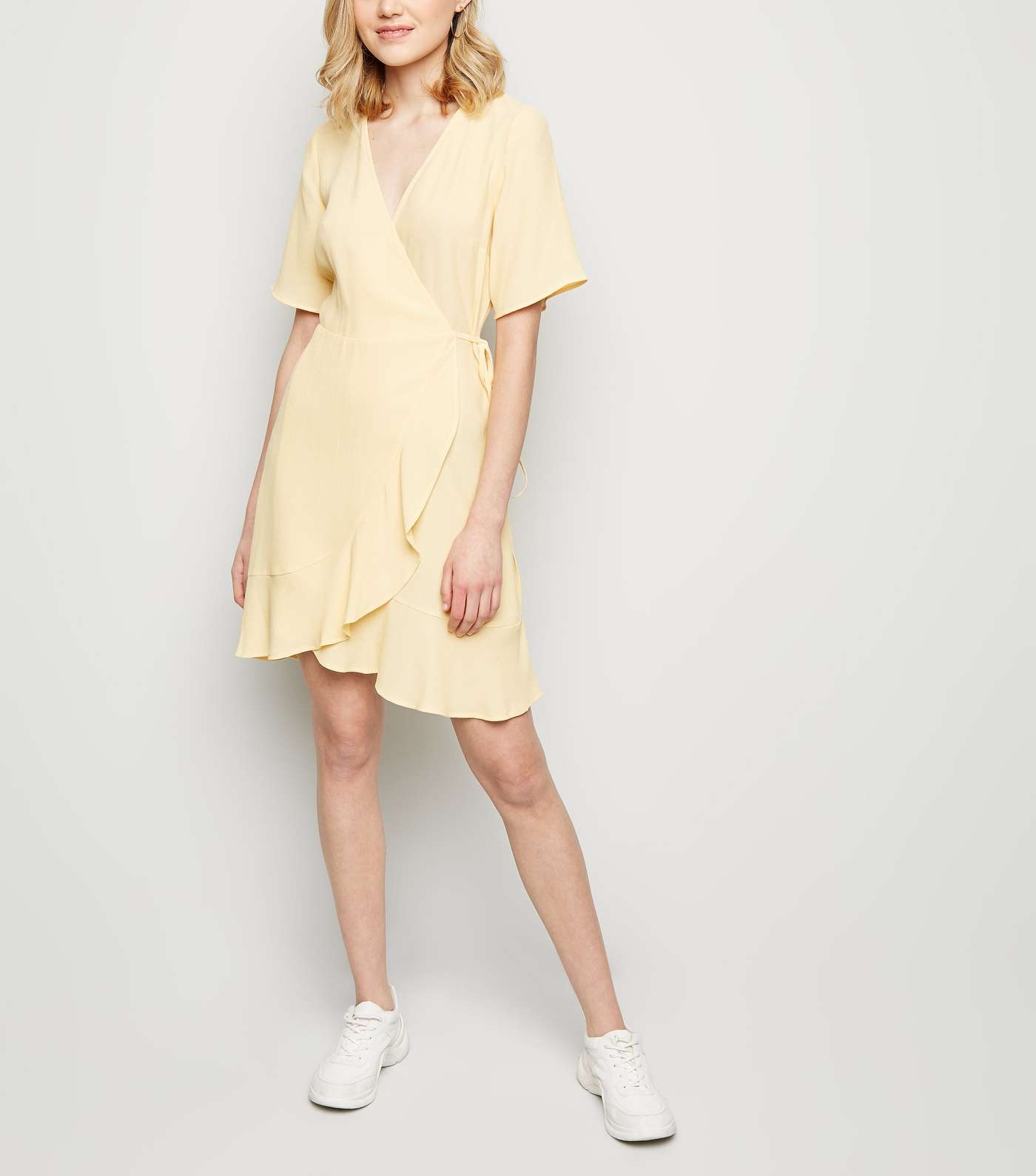 Pale Yellow Ruffle Hem Wrap Mini Dress Image 2