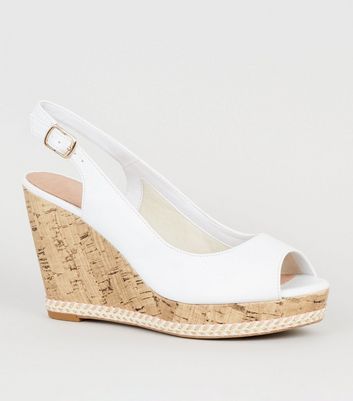 White Comfort Leather-Look Cork Wedges 