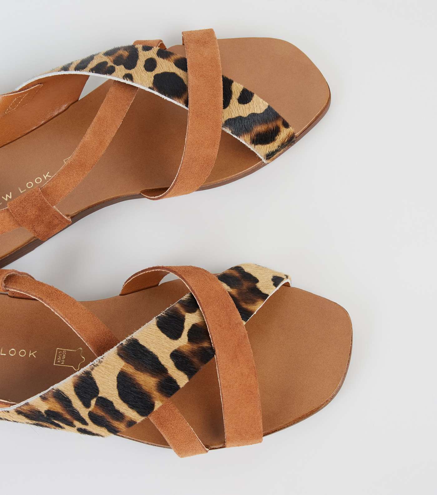 Wide Fit Tan Leather Leopard Print Strap Sandals Image 4