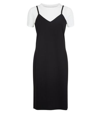 black slip dress with white shirt