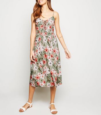 Brown Floral Lattice Front Midi Dress | New Look