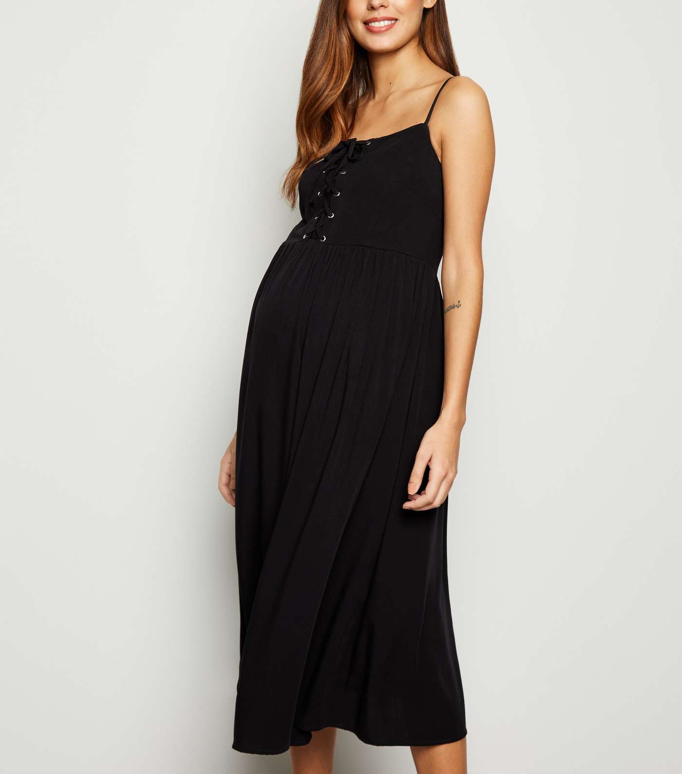 Maternity Black Lace Up Front Midi Dress